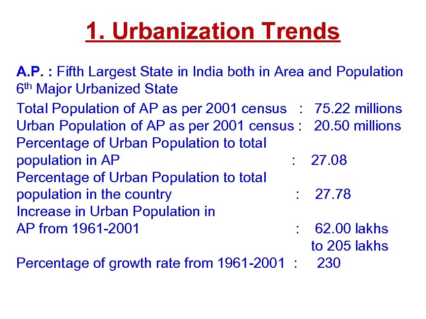 1. Urbanization Trends A. P. : Fifth Largest State in India both in Area