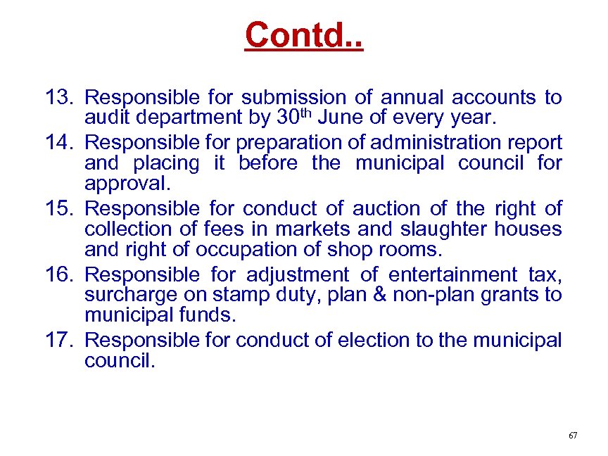 Contd. . 13. Responsible for submission of annual accounts to audit department by 30