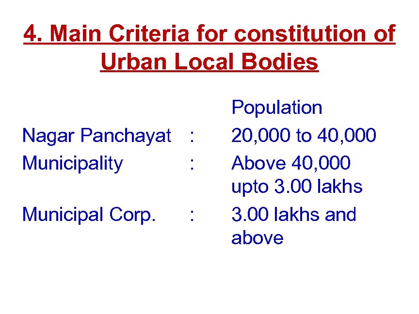 4. Main Criteria for constitution of Urban Local Bodies Nagar Panchayat : Municipality :