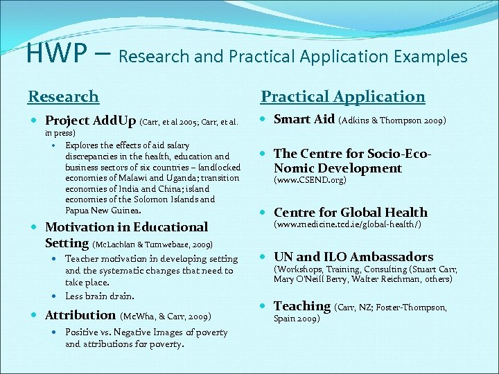 HWP – Research and Practical Application Examples Research Practical Application Project Add. Up (Carr,