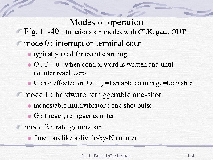 Modes of operation Fig. 11 -40 : functions six modes with CLK, gate, OUT