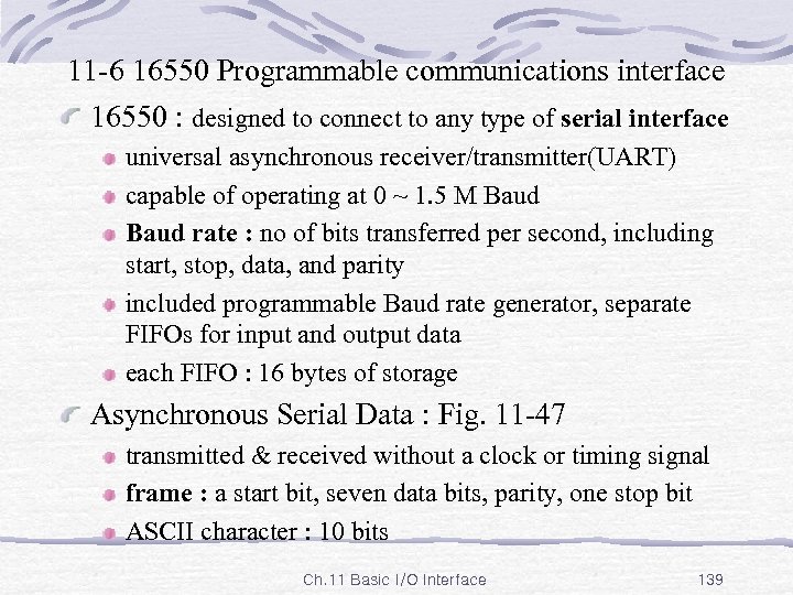 11 -6 16550 Programmable communications interface 16550 : designed to connect to any type