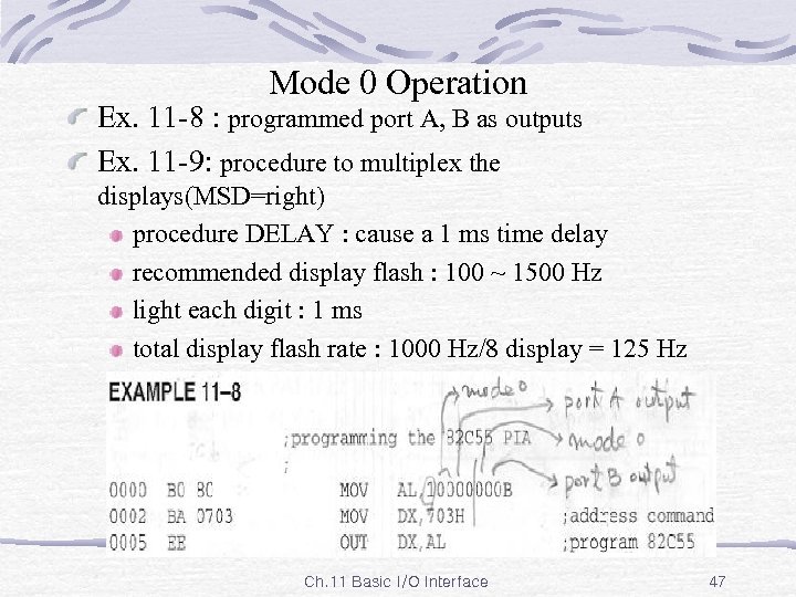 Mode 0 Operation Ex. 11 -8 : programmed port A, B as outputs Ex.