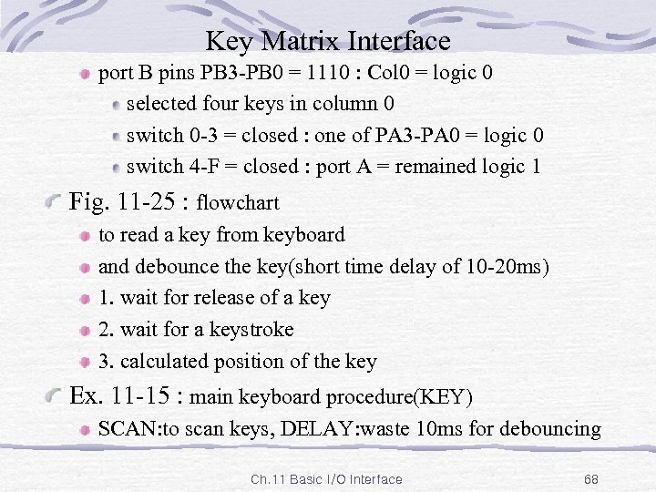 Key Matrix Interface port B pins PB 3 -PB 0 = 1110 : Col