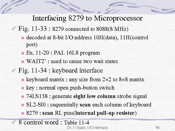 Interfacing 8279 to Microprocessor Fig. 11 -33 : 8279 connected to 8088(8 MHz) decoded