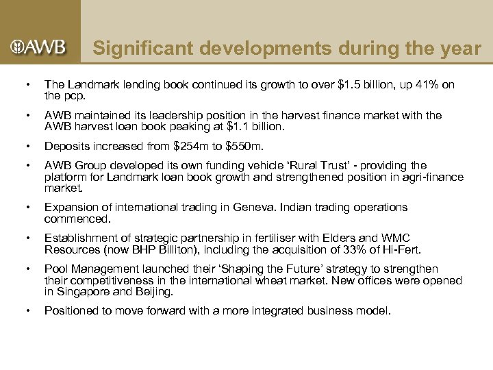 Significant developments during the year • The Landmark lending book continued its growth to