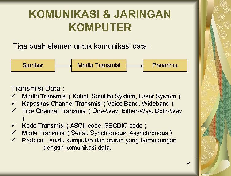 KOMUNIKASI & JARINGAN KOMPUTER Tiga buah elemen untuk komunikasi data : Sumber Media Transmisi