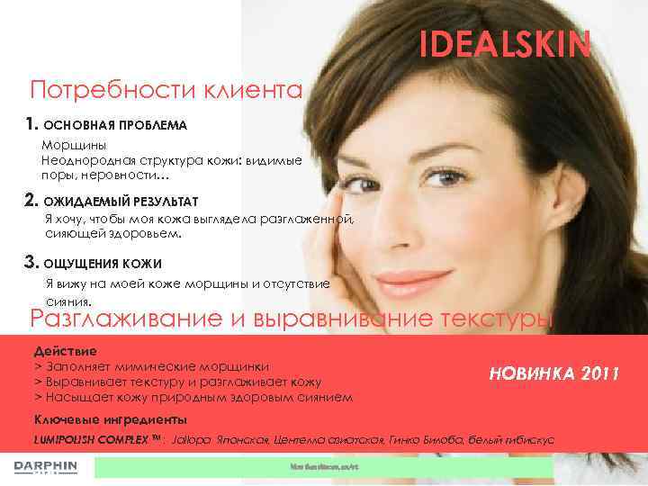 IDEALSKIN Потребности клиента 1. ОСНОВНАЯ ПРОБЛЕМА Морщины Неоднородная структура кожи: видимые поры, неровности… 2.