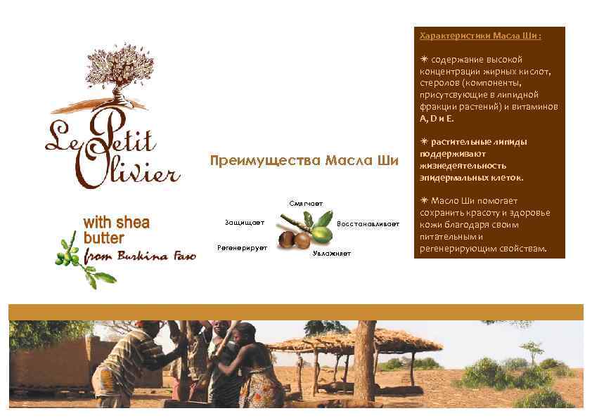 Характеристики Масла Ши : í содержание высокой концентрации жирных кислот, стеролов (компоненты, присутсвующие в
