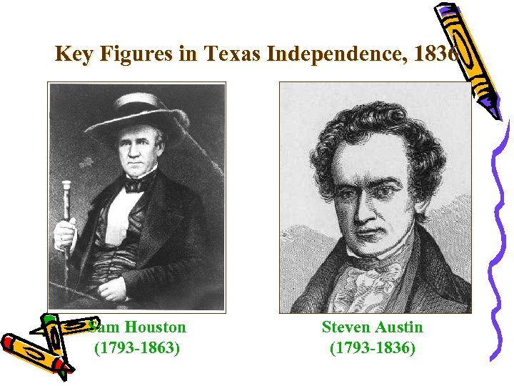Key Figures in Texas Independence, 1836 Sam Houston (1793 -1863) Steven Austin (1793 -1836)