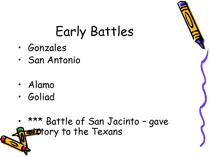 Early Battles • Gonzales • San Antonio • Alamo • Goliad • *** Battle