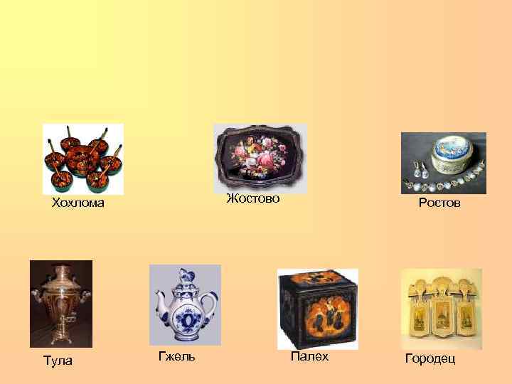 Жостово Хохлома Тула Гжель Ростов Палех Городец 
