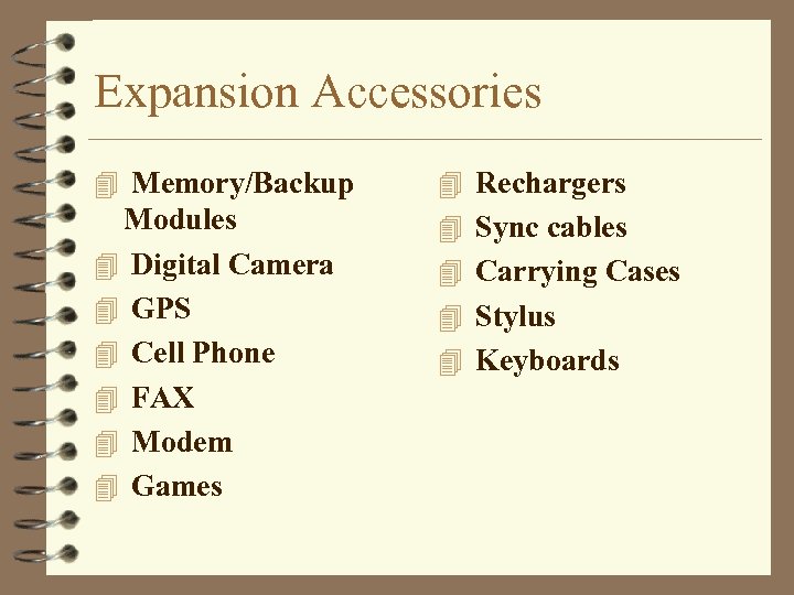 Expansion Accessories 4 Memory/Backup 4 Rechargers Modules 4 Digital Camera 4 GPS 4 Cell