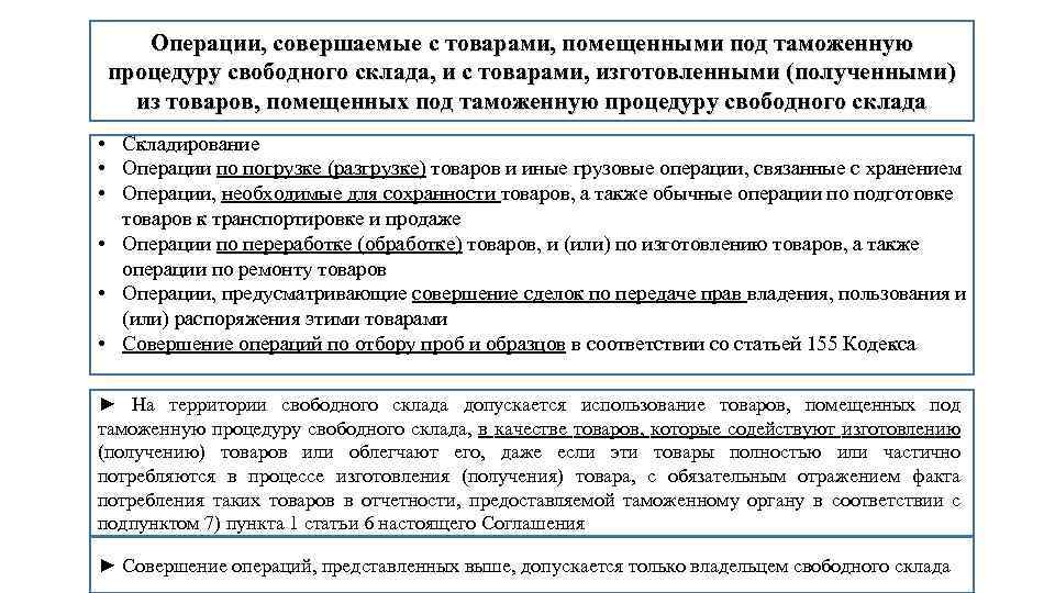 Операции, совершаемые с товарами, помещенными под таможенную процедуру свободного склада, и с товарами, изготовленными