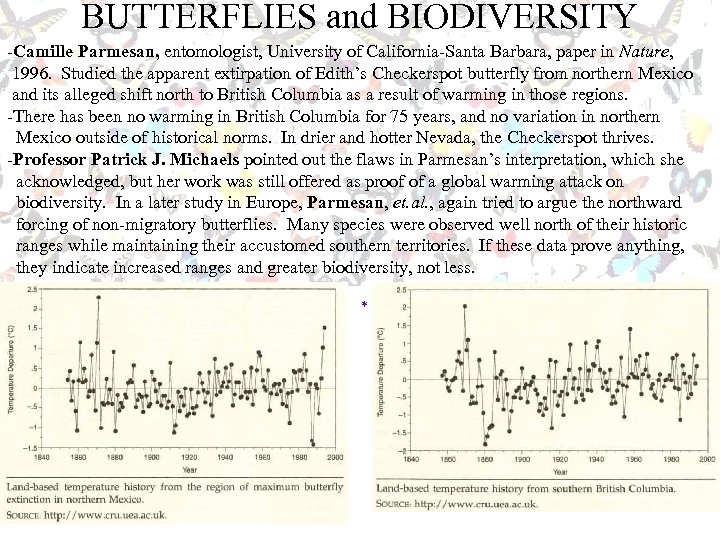 BUTTERFLIES and BIODIVERSITY -Camille Parmesan, entomologist, University of California-Santa Barbara, paper in Nature, 1996.