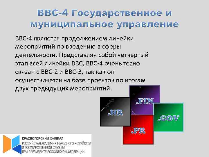 ВВС-4 является продолжением линейки мероприятий по введению в сферы деятельности. Представляя собой четвертый этап