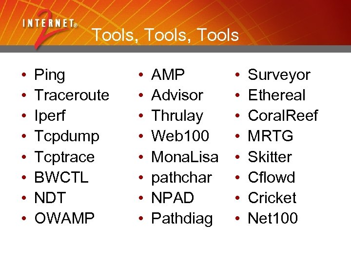 Tools, Tools • • Ping Traceroute Iperf Tcpdump Tcptrace BWCTL NDT OWAMP • •