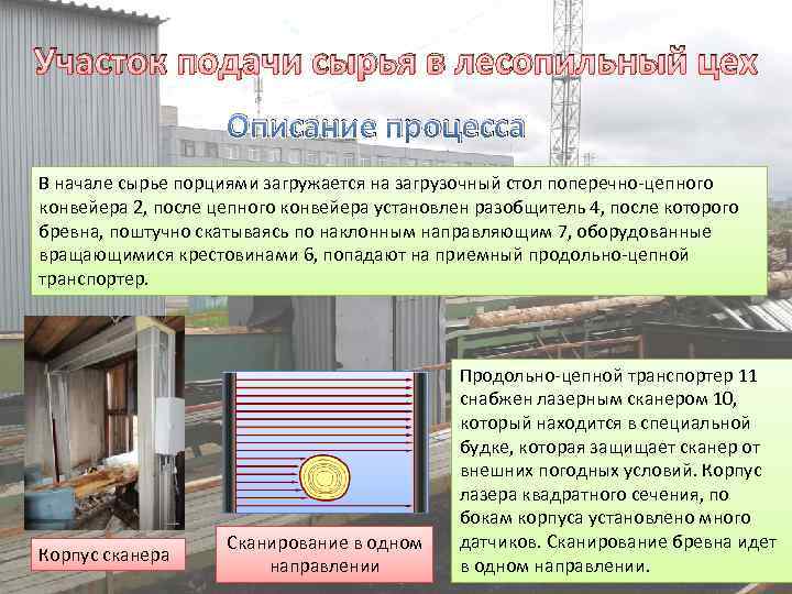 Участок подачи сырья в лесопильный цех Описание процесса В начале сырье порциями загружается на