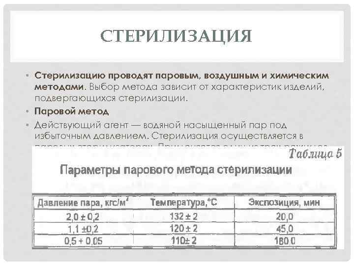 СТЕРИЛИЗАЦИЯ • Стерилизацию проводят паровым, воздушным и химическим методами. Выбор метода зависит от характеристик