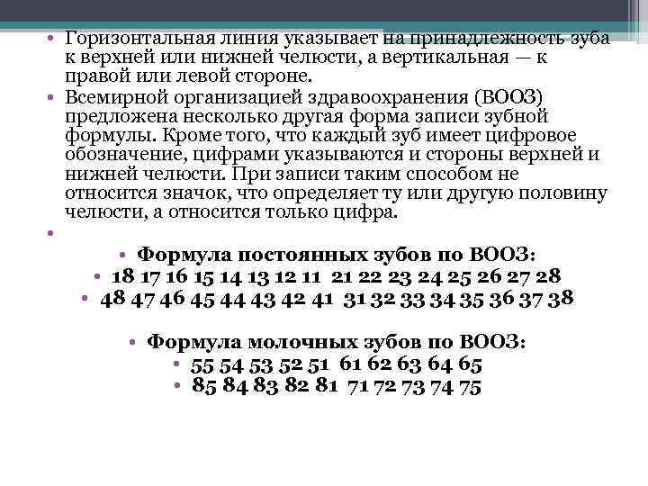  • Горизонтальная линия указывает на принадлежность зуба к верхней или нижней челюсти, а