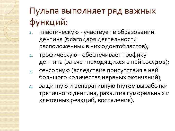 Пульпа выполняет ряд важных функций: пластическую - участвует в образовании дентина (благодаря деятельности расположенных