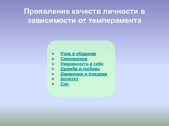 Проявление качеств личности в зависимости от темперамента Ø Ø Ø Ø Роль в общении