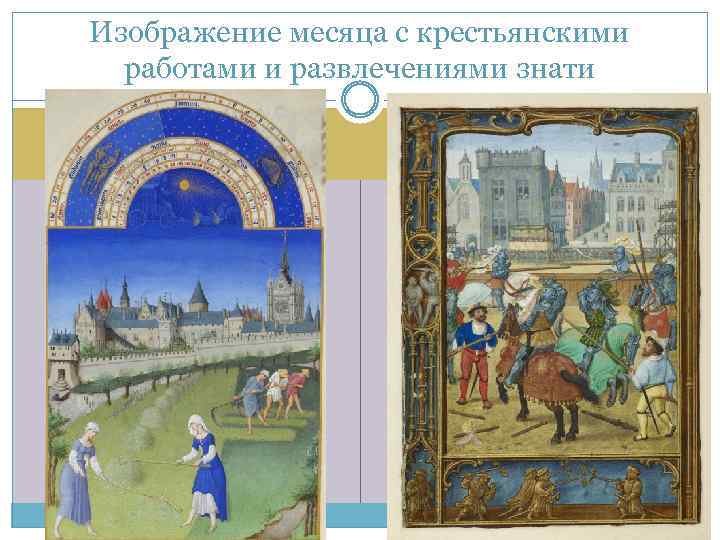 Изображение месяца с крестьянскими работами и развлечениями знати 