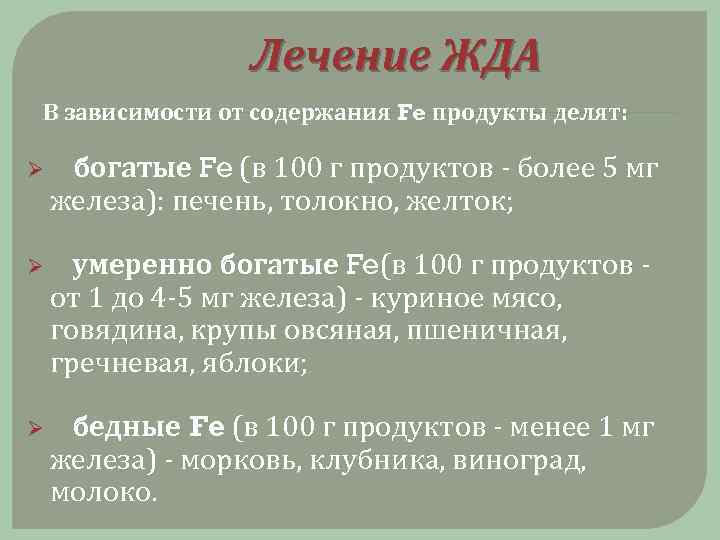 Лечение ЖДА В зависимости от содержания Fe продукты делят: Ø богатые Fe (в 100