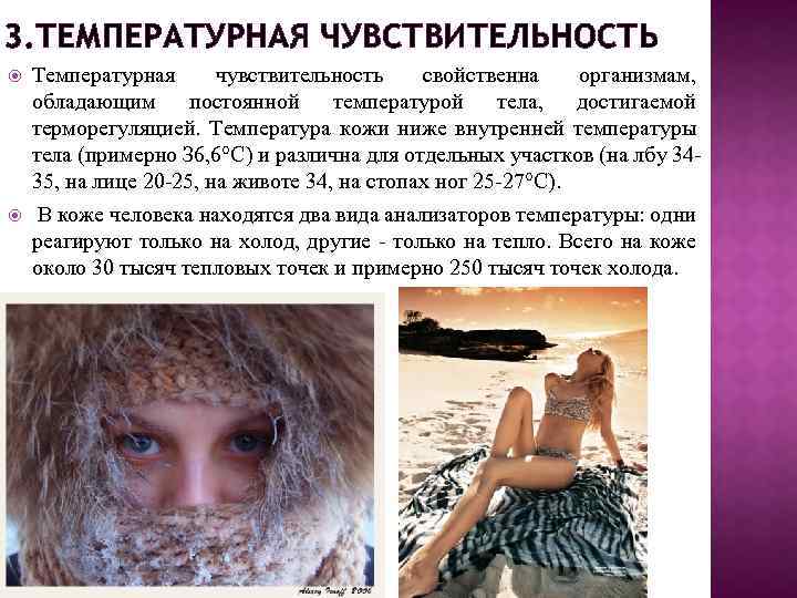 3. ТЕМПЕРАТУРНАЯ ЧУВСТВИТЕЛЬНОСТЬ Температурная чувствительность свойственна организмам, обладающим постоянной температурой тела, достигаемой терморегуляцией. Температура