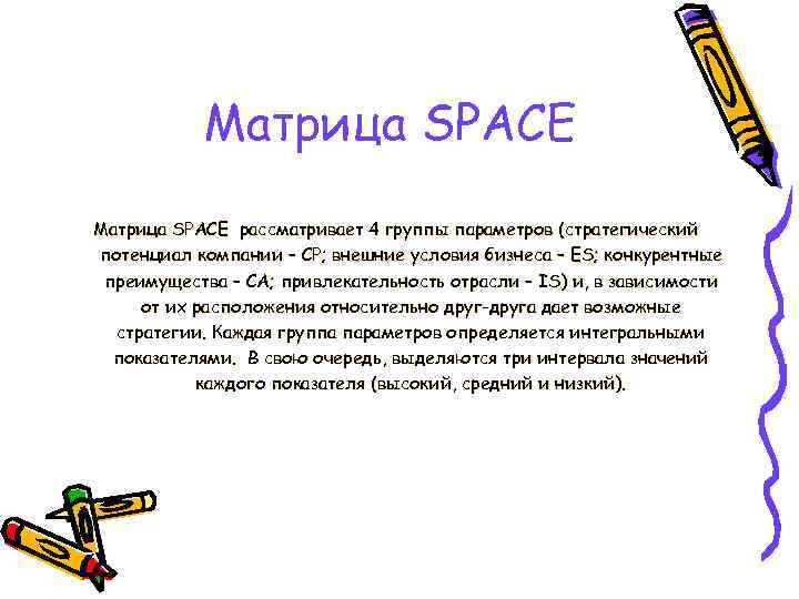 Матрица SPACE рассматривает 4 группы параметров (стратегический потенциал компании – CP; внешние условия бизнеса