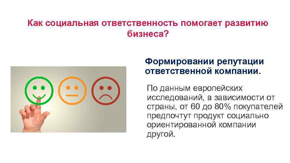 Как социальная ответственность помогает развитию бизнеса? Формировании репутации ответственной компании. По данным европейских исследований,