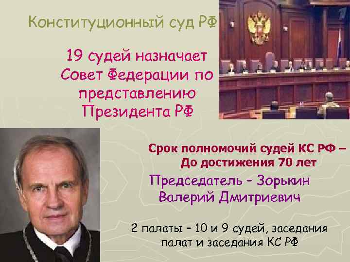 Конституционный суд РФ 19 судей назначает Совет Федерации по представлению Президента РФ Срок полномочий