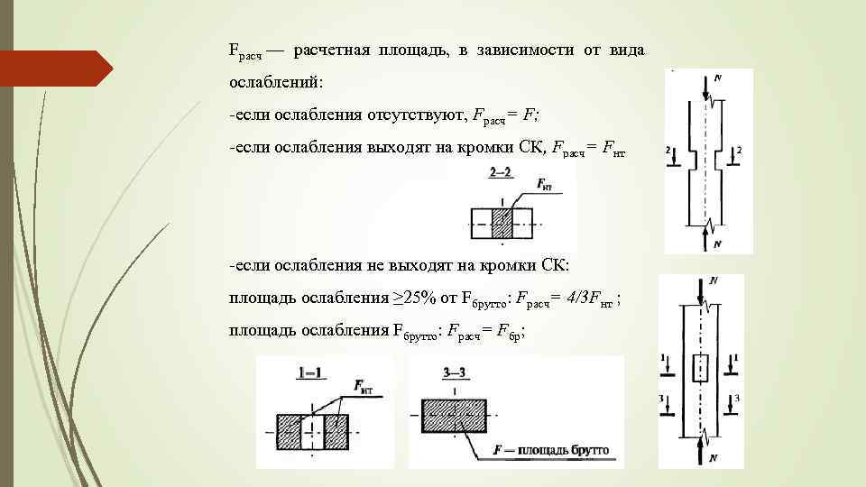 Fpacч — расчетная площадь, в зависимости от вида ослаблений: если ослабления отсутствуют, Fpacч= F;