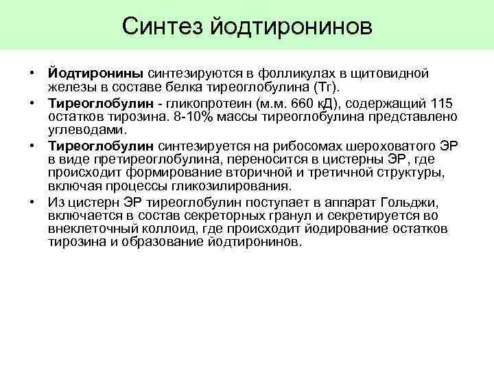 Синтез йодтиронинов • Йодтиронины синтезируются в фолликулах в щитовидной железы в составе белка тиреоглобулина