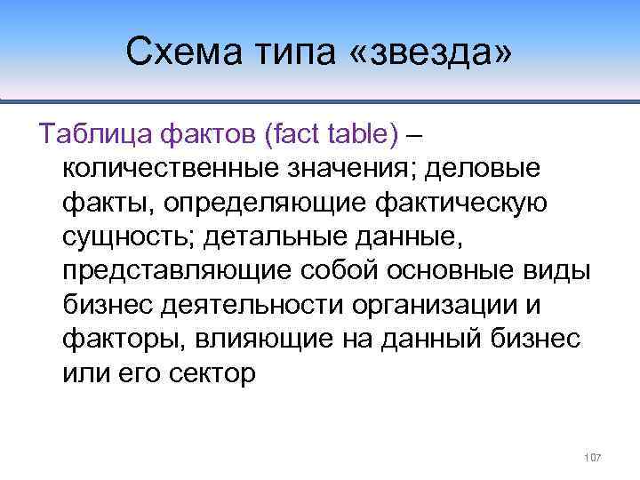 Схема типа «звезда» Таблица фактов (fact table) – количественные значения; деловые факты, определяющие фактическую