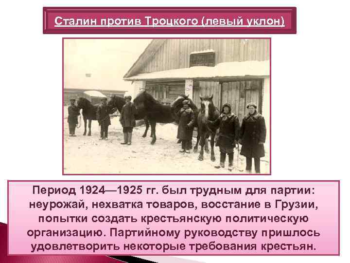 Сталин против Троцкого (левый уклон) Период 1924— 1925 гг. был трудным для партии: неурожай,