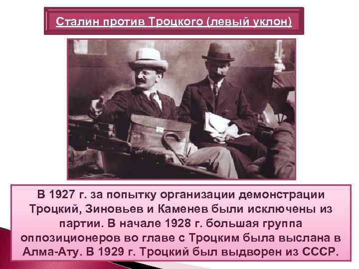 Сталин против Троцкого (левый уклон) В 1927 г. за попытку организации демонстрации Троцкий, Зиновьев