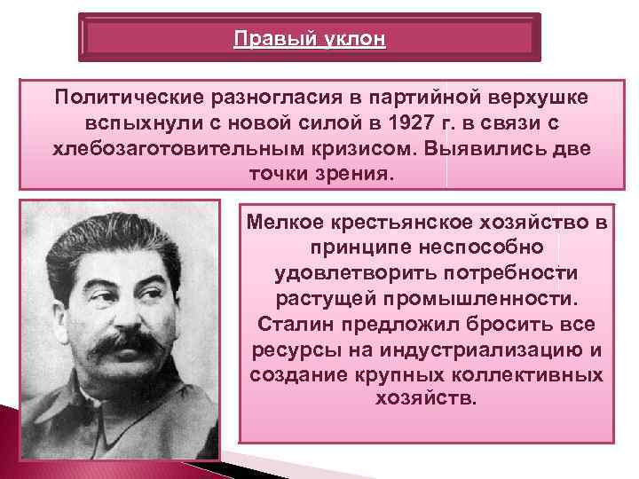 Правый уклон Политические разногласия в партийной верхушке вспыхнули с новой силой в 1927 г.