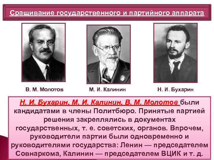 Сращивание государственного и партийного аппарата В. М. Молотов М. И. Калинин Н. И. Бухарин,