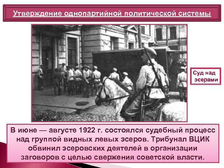 Утверждение однопартийной политической системы Суд над эсерами В июне — августе 1922 г. состоялся