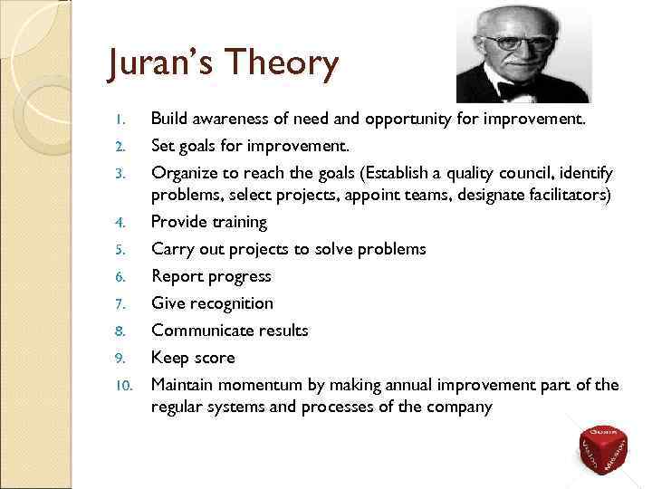 Juran’s Theory 1. 2. 3. 4. 5. 6. 7. 8. 9. 10. Build awareness