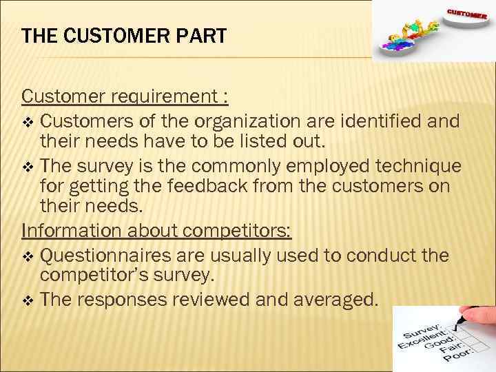 THE CUSTOMER PART Customer requirement : v Customers of the organization are identified and