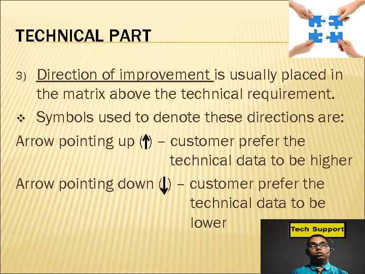 TECHNICAL PART Direction of improvement is usually placed in the matrix above the technical