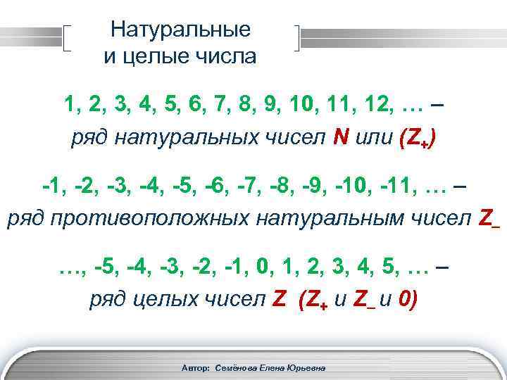 Натуральные и целые числа 1, 2, 3, 4, 5, 6, 7, 8, 9, 10,