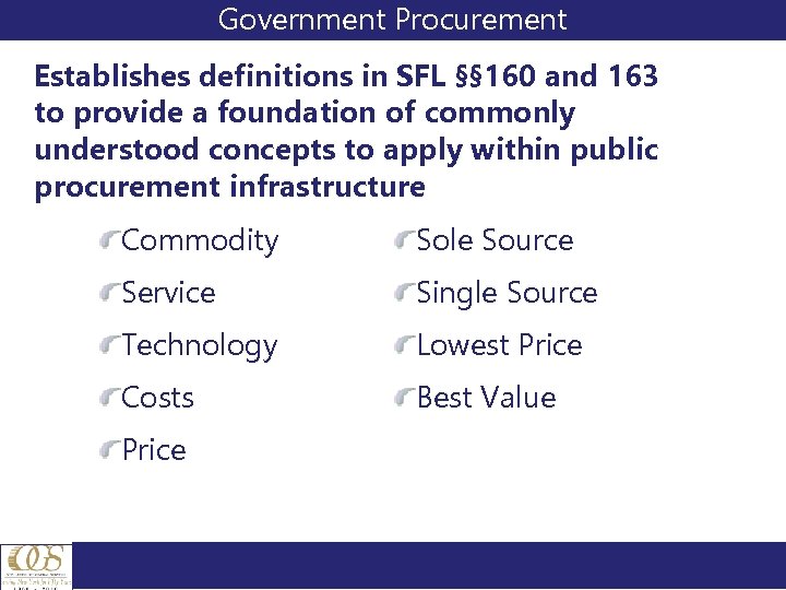 Government Procurement Establishes definitions in SFL §§ 160 and 163 to provide a foundation