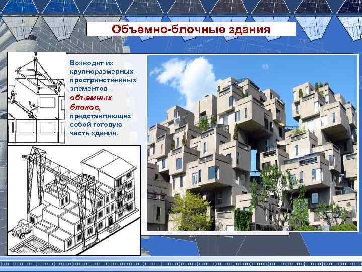 Объемно блочные здания Возводят из крупноразмерных пространственных элементов – объемных блоков, представляющих собой готовую