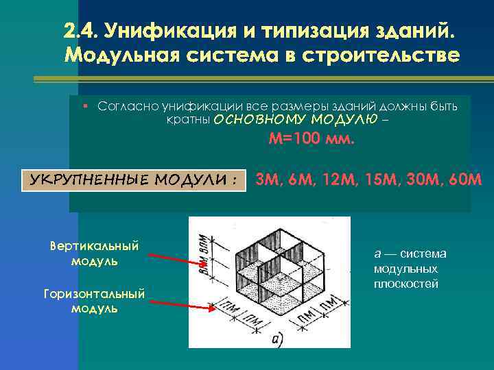 § Согласно унификации все размеры зданий должны быть кратны ОСНОВНОМУ МОДУЛЮ – М=100 мм.