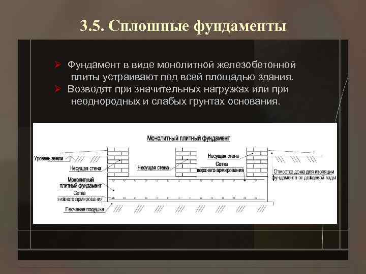 3. 5. Сплошные фундаменты Ø Фундамент в виде монолитной железобетонной плиты устраивают под всей