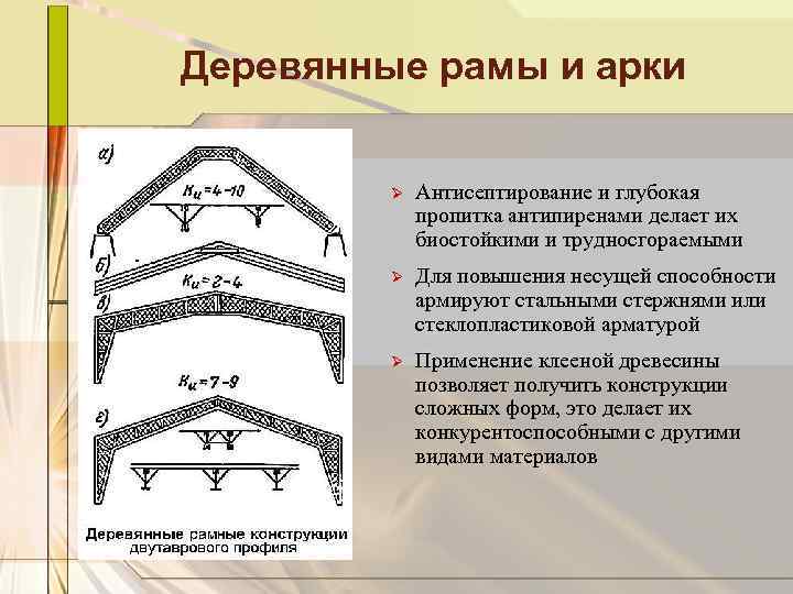 Деревянные рамы и арки Ø Антисептирование и глубокая пропитка антипиренами делает их биостойкими и