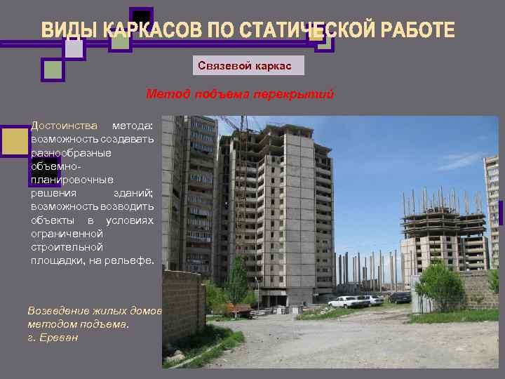 Связевой каркас Метод подъема перекрытий Достоинства метода: возможность создавать разнообразные объемно планировочные решения зданий;